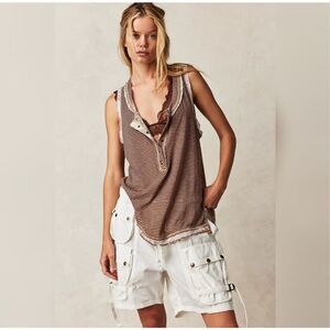 NEW Free People Love Language Striped Tank Womens Medium Oversized Brown Oatmeal
